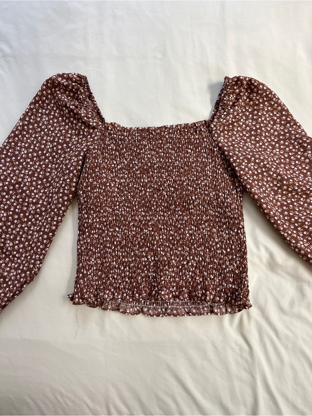 Smocked Square-Neck Puff Sleeve Top - Brown Floral